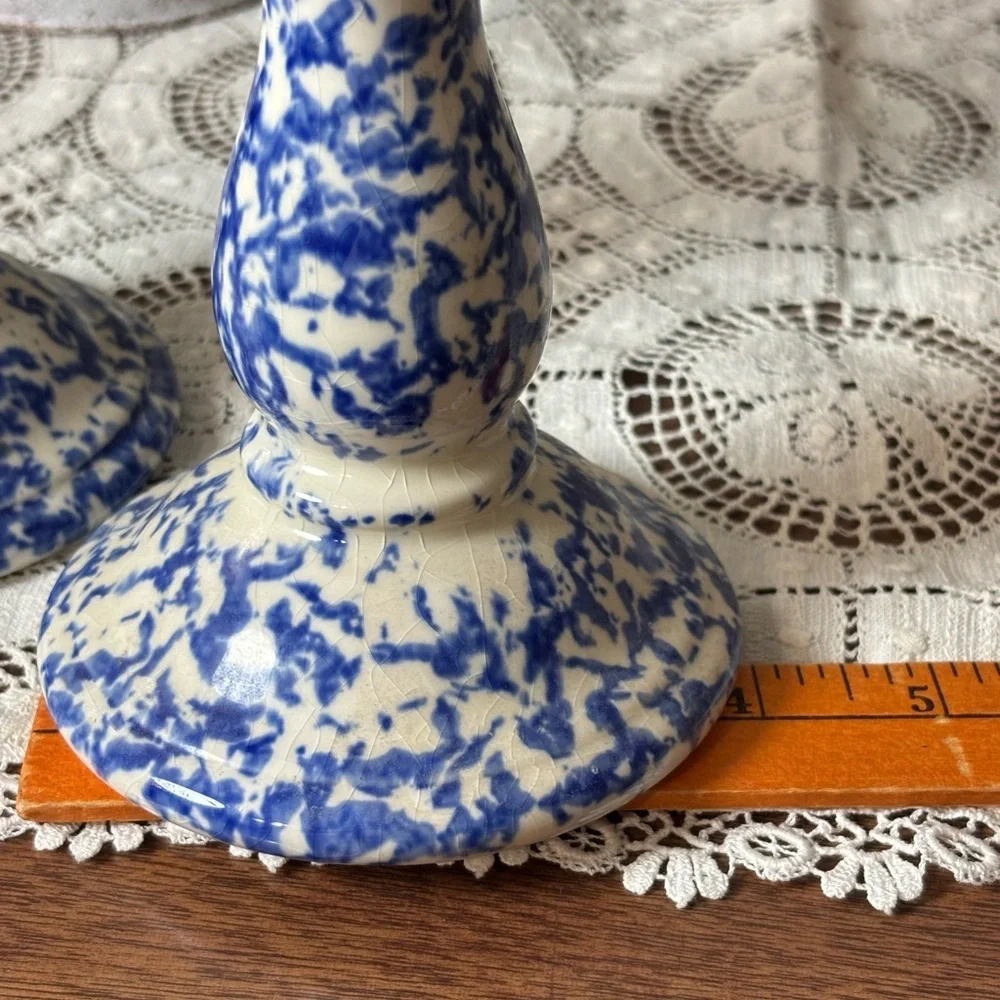 Staffordshire Chelsea Works Burslem Artisan Blue Cream Ceramic Candle Holders